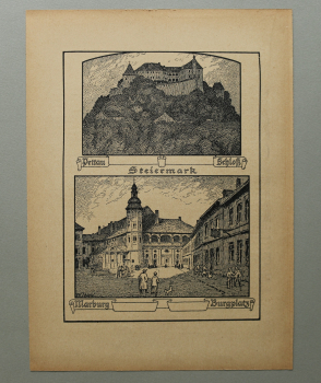 Kunst Druck / Wilhelm Thiele Potsdam / 1920er Jahre / Steiermark / Schloß Pettau / Burgplatz Marburg / wohl Holzschnitt